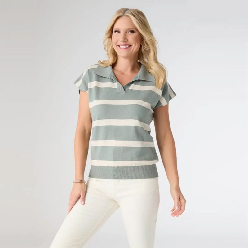 Lightweight Heavenly-Luxe SS Striped V-Neck-Sage