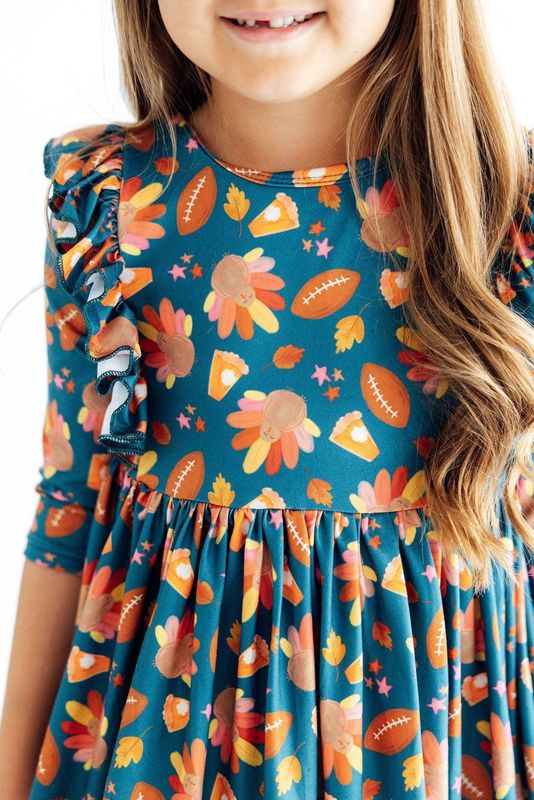 Gobble 3/4 Sleeve Ruffle Twirl Dress