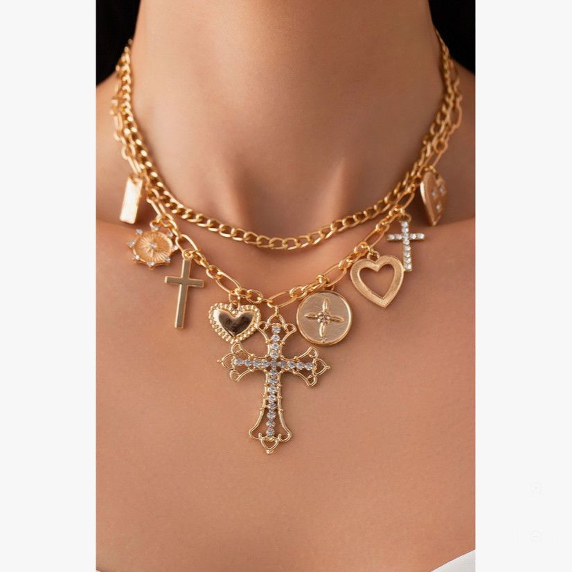 Charm Necklace-Multi Cross Charms Layered Necklace