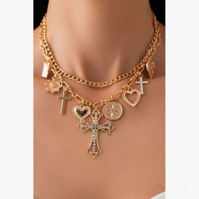 Charm Necklace-Multi Cross Charms Layered Necklace