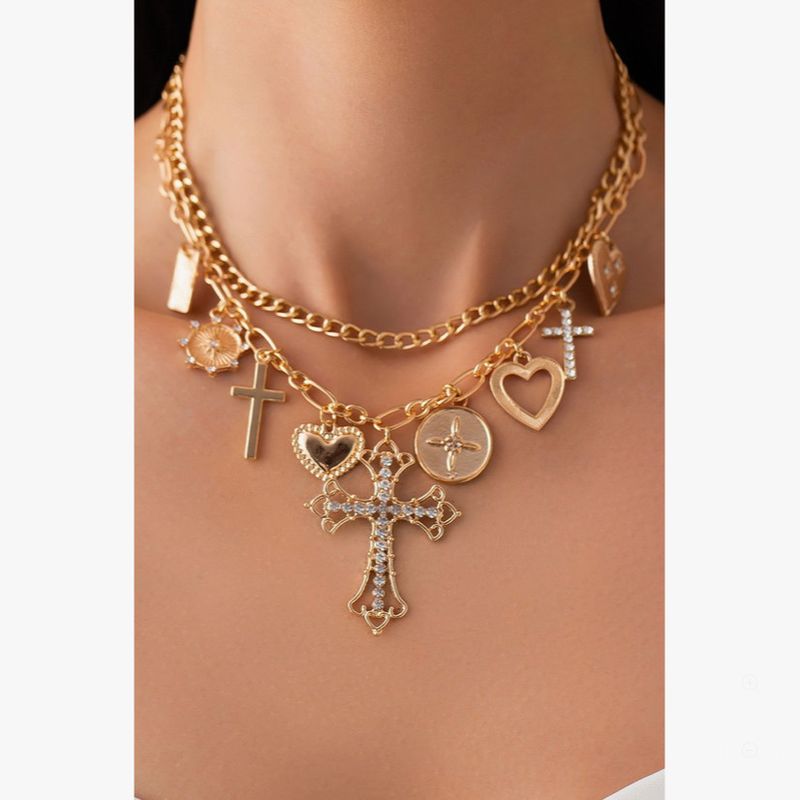 Charm Necklace-Multi Cross Charms Layered Necklace