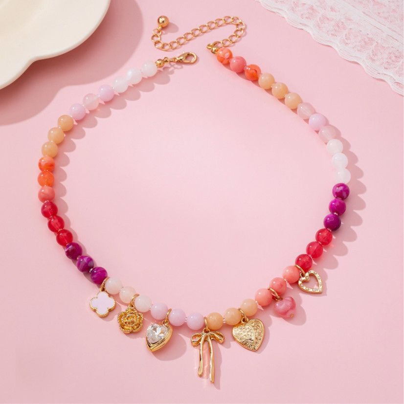 Pastel Beaded Bow Heart Flower Charm Necklace