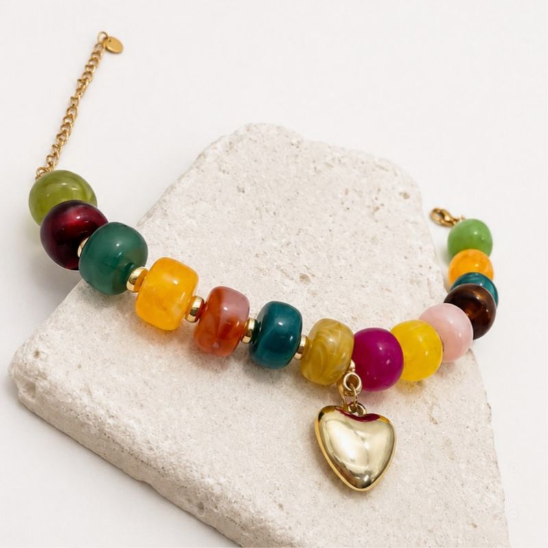 Colorful Resin Beaded Heart Charm Bracelet