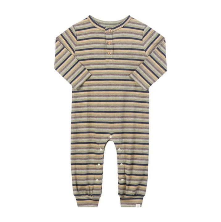 Mason Ribbed Henley Romper - Green Multi Stripe