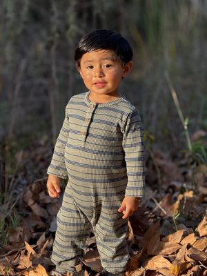 Mason Ribbed Henley Romper - Sage Stripe Ribbed