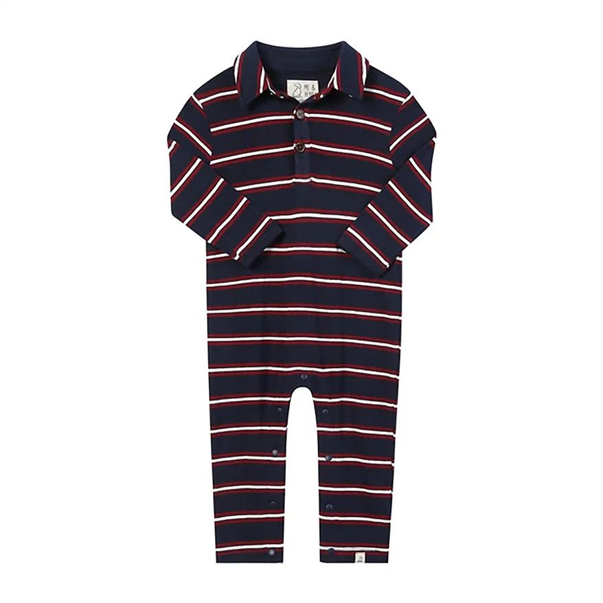 Kingston Polo Romper - Navy/Burgandy Stripe