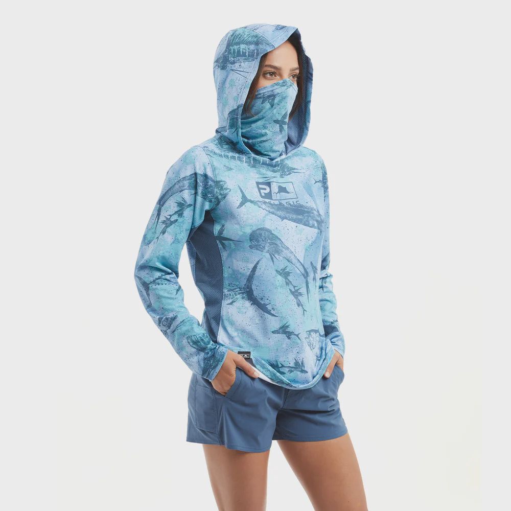 Pelagic Ladies Exo-Tech Open Seas Camo Hooded Shirt Bue