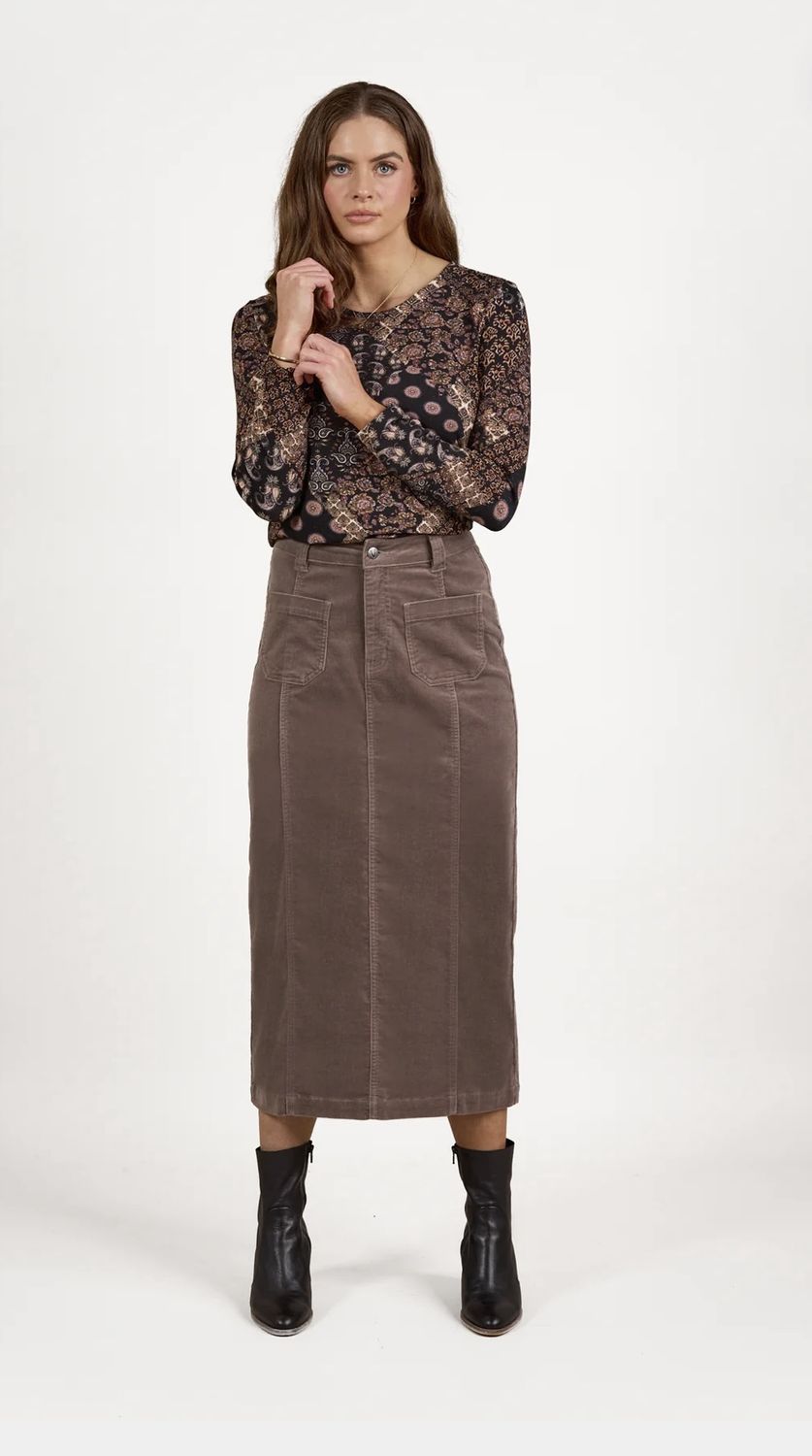 Vassalli Taupe Midi Cord Skirt 7064M