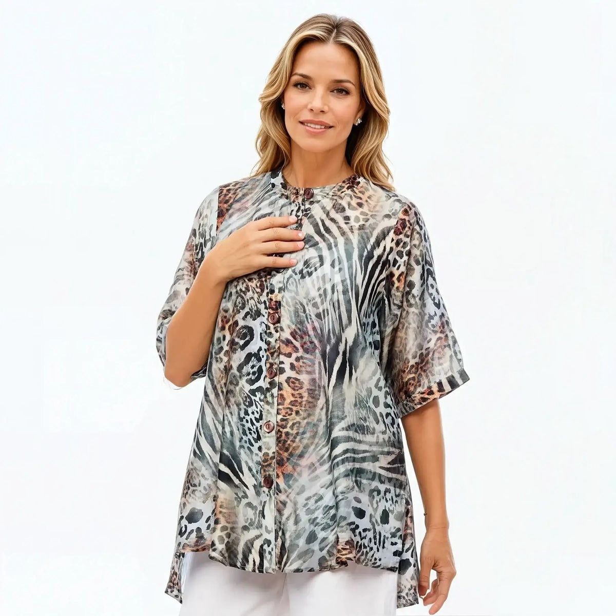 Claire P Jungle A-Line Chinese Collared Shirt