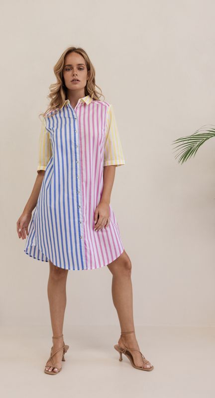 Kaleido Multi-Stripe Cotton Shirtdress