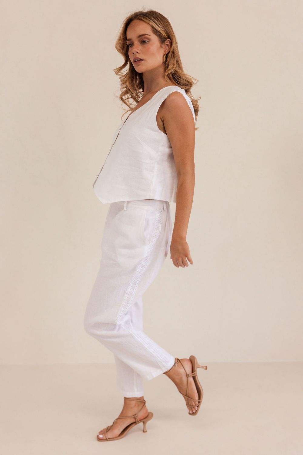 Kaleido White 7/8 Linen Lace Side Pant
