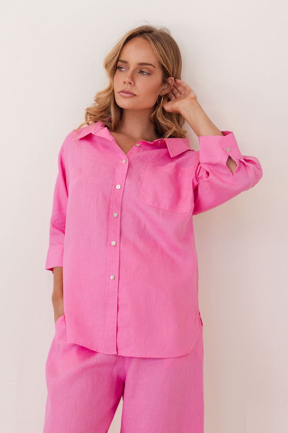 Kaleido Pink Linen Elbow Sleeve Shirt