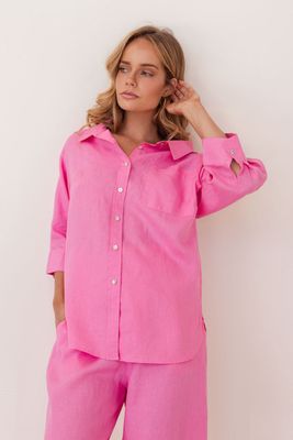 Kaleido Pink Linen Elbow Sleeve Shirt