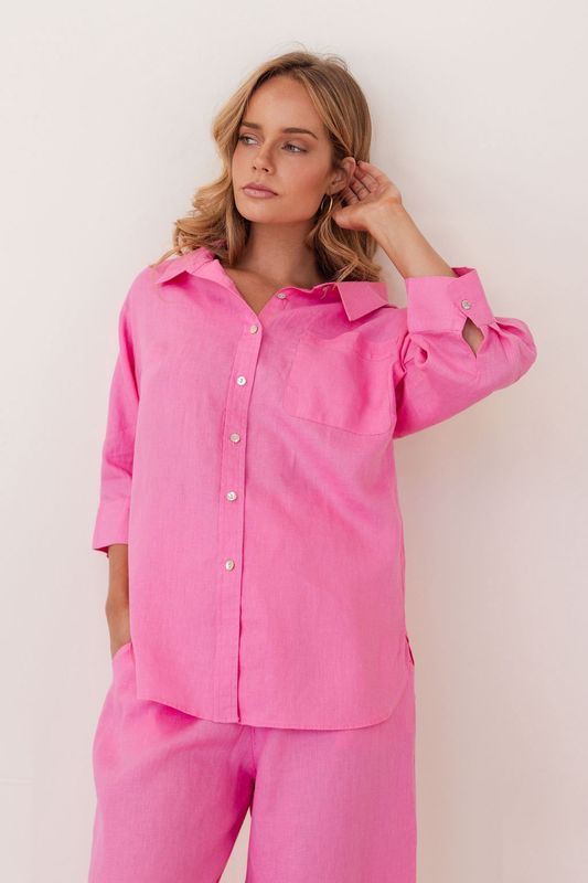 Kaleido Pink Linen Elbow Sleeve Shirt