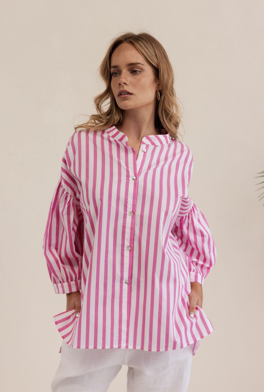 Kaleido Pink/White Gathered Sleeve Shirt
