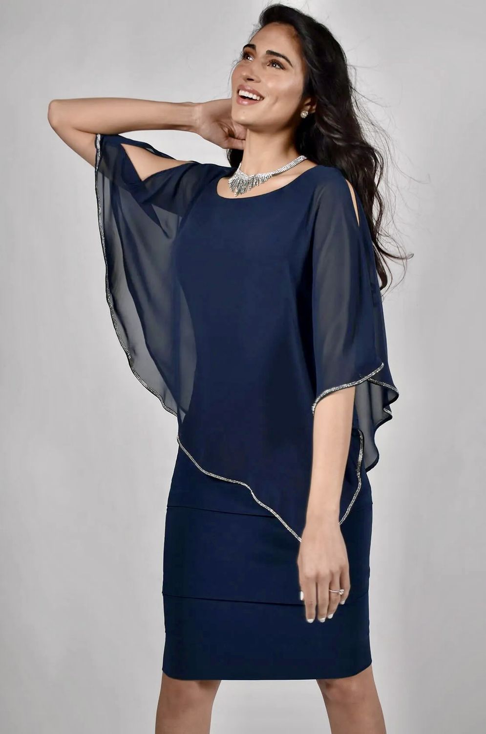 Frank Lyman Navy Tiered Overlay Dress 219022