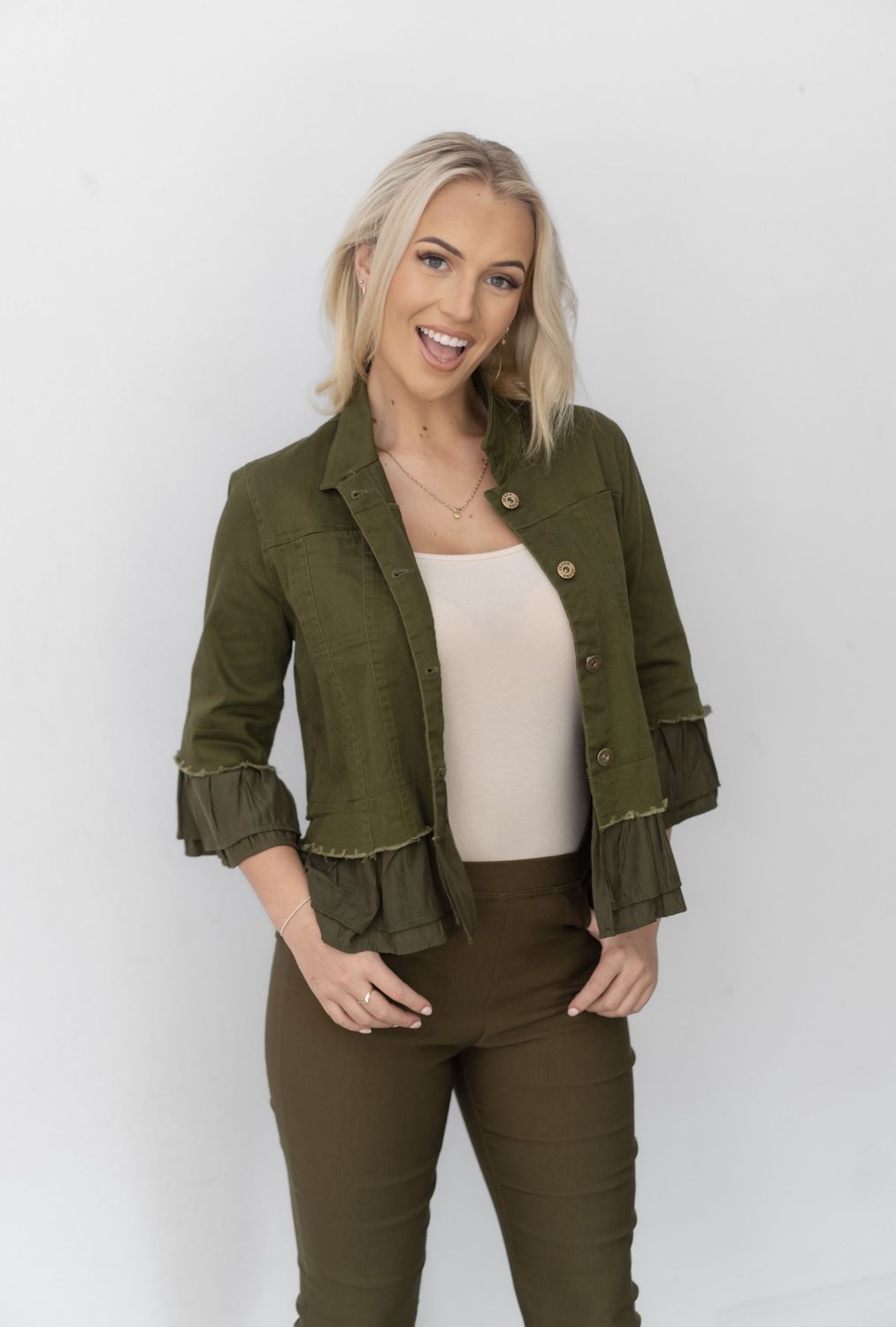Jolie Olive Cotton Frill Jacket 33702