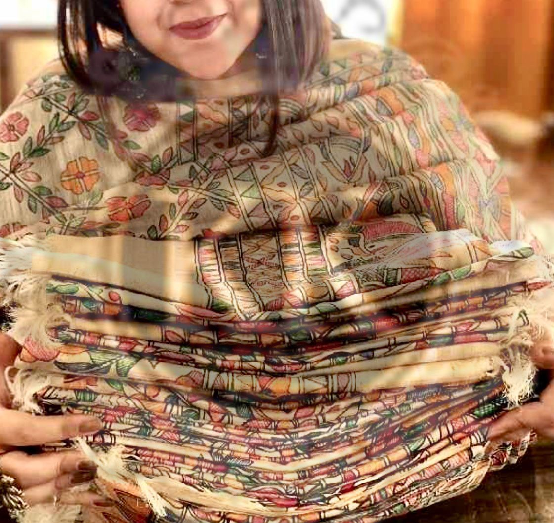 Tussar ghicha dupatta with madhubani hand art