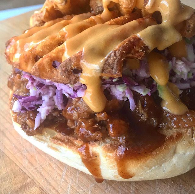 BBQ Cheesy Waffle Fry Sandwich