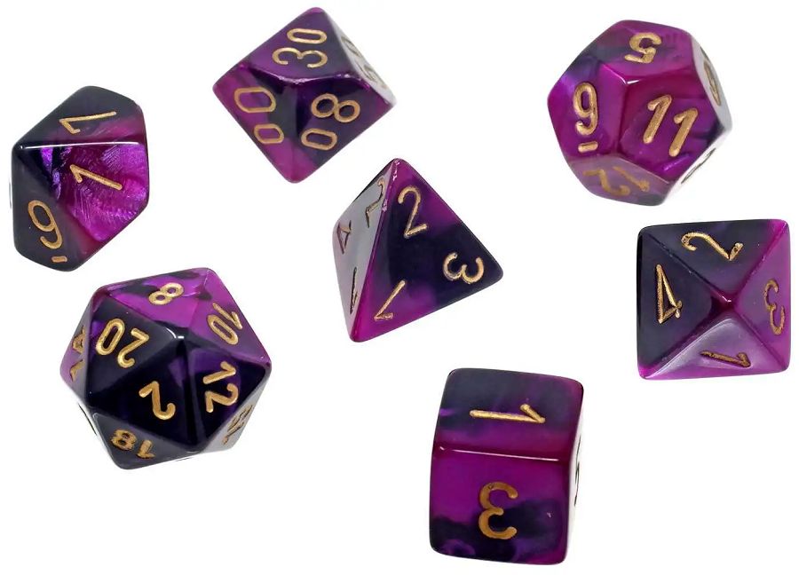 MINI GEMINI 7-DIE SET BLACK-PURPLE/GOLD - CHESSEX