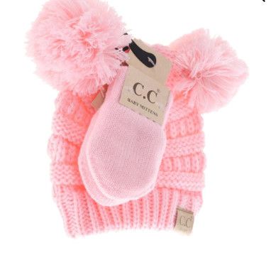 BABY Solid Knit Double Pom C.C Beanie with Mitten Set, Color: Pale Pink