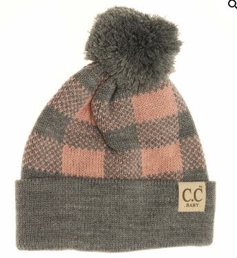 BABY Buffalo Plaid Pom Beanie, Color: Lt. Grey/ Indie Pink