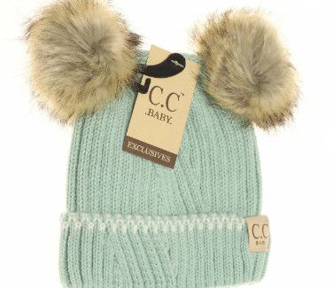 BABY Solid Knit Double Fur Pom Beanie, Color: Mint/Ivory