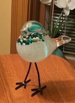 Glass Bird Sculpture with Metal Feet, Color: Teal/Gold