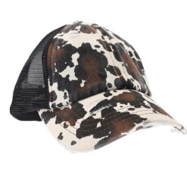 Cow Print Mesh Back Criss Cross High Pony CC Ball Cap