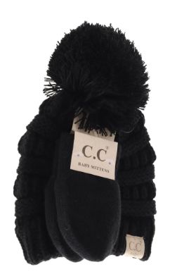 BABY Solid Knit Pom C.C Beanie with Mitten Set