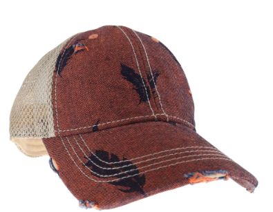 Embroidered Leaf Motif Jacuard Denim CC High Pony Ball Cap Orange