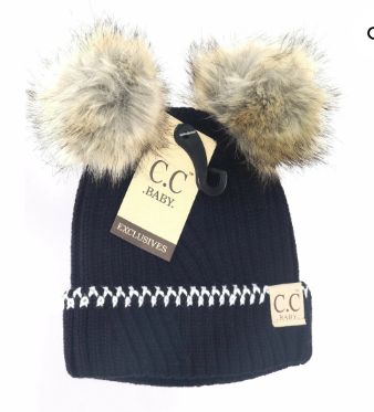 BABY Solid Knit Double Fur Pom Beanie