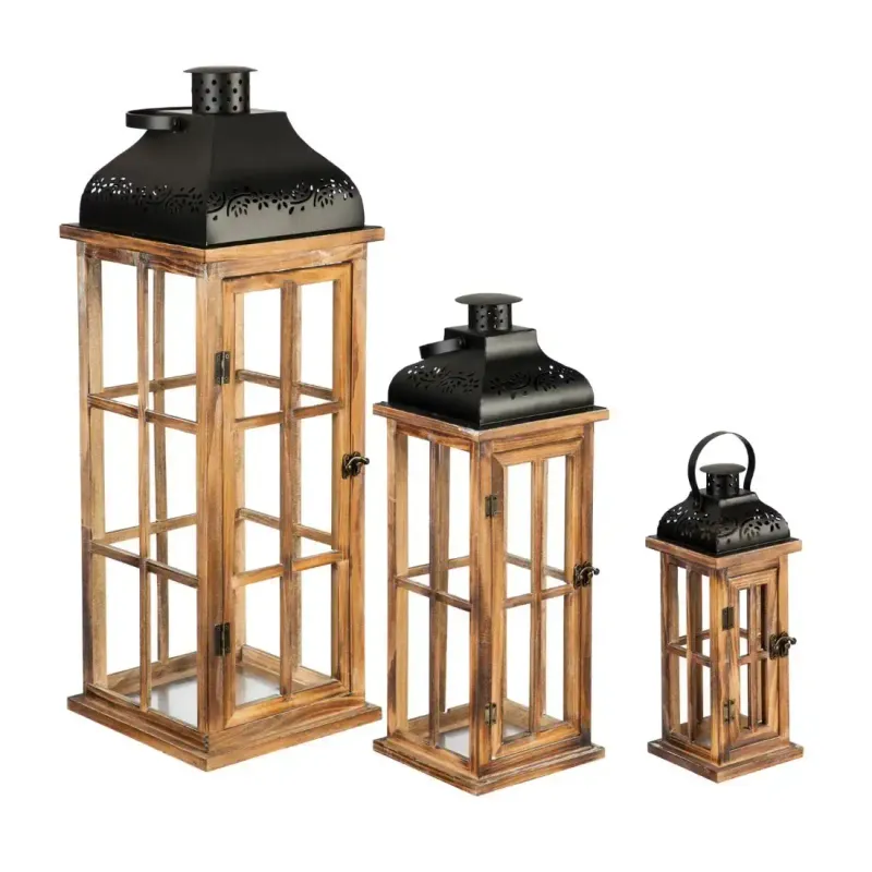 Mango Wood Nested Lantern with Black top