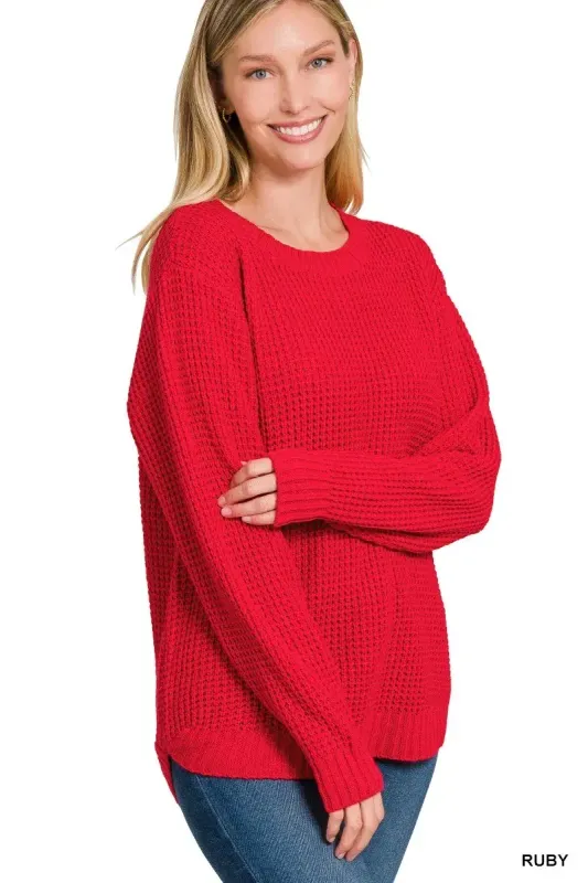 Zenana Waffle Knit Hi - Low Sweater