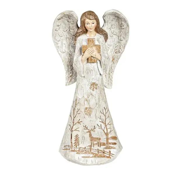 12" White Angel with Wood Carved Finish Garden Statuary