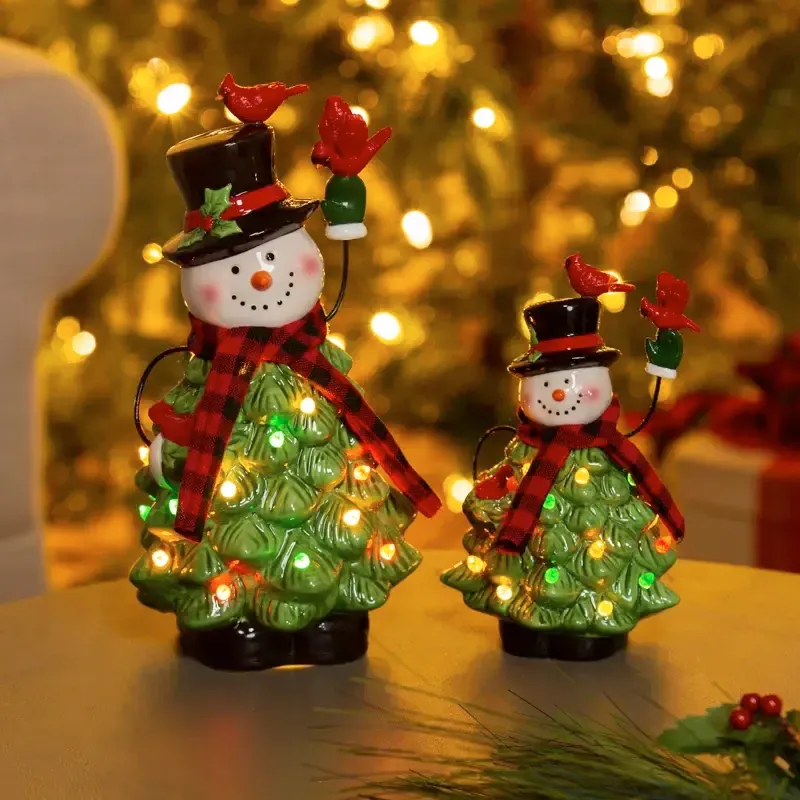 LED Ceramic Snowman With Christmas Tree Body &amp; Cardinals Table Decor