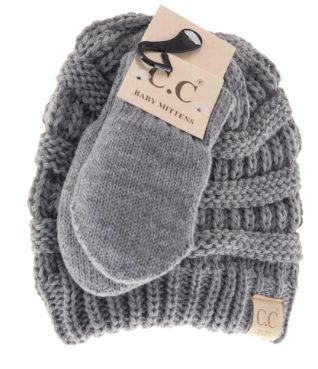 BABY Solid C.C Beanie with Mitten Set, Color: Lt. Grey