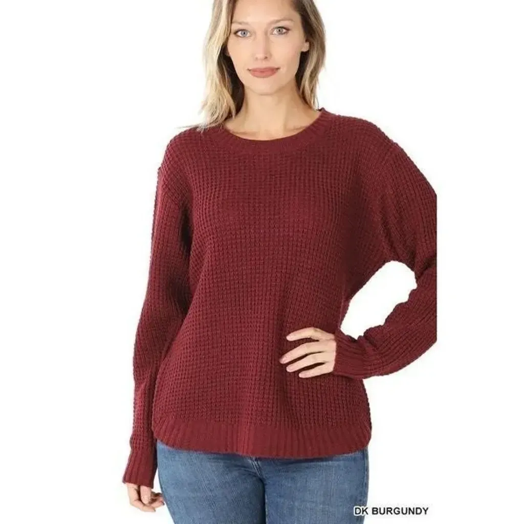 Zenana Waffle Knit Hi - Low Sweater, Size: S, Color: Cabernet