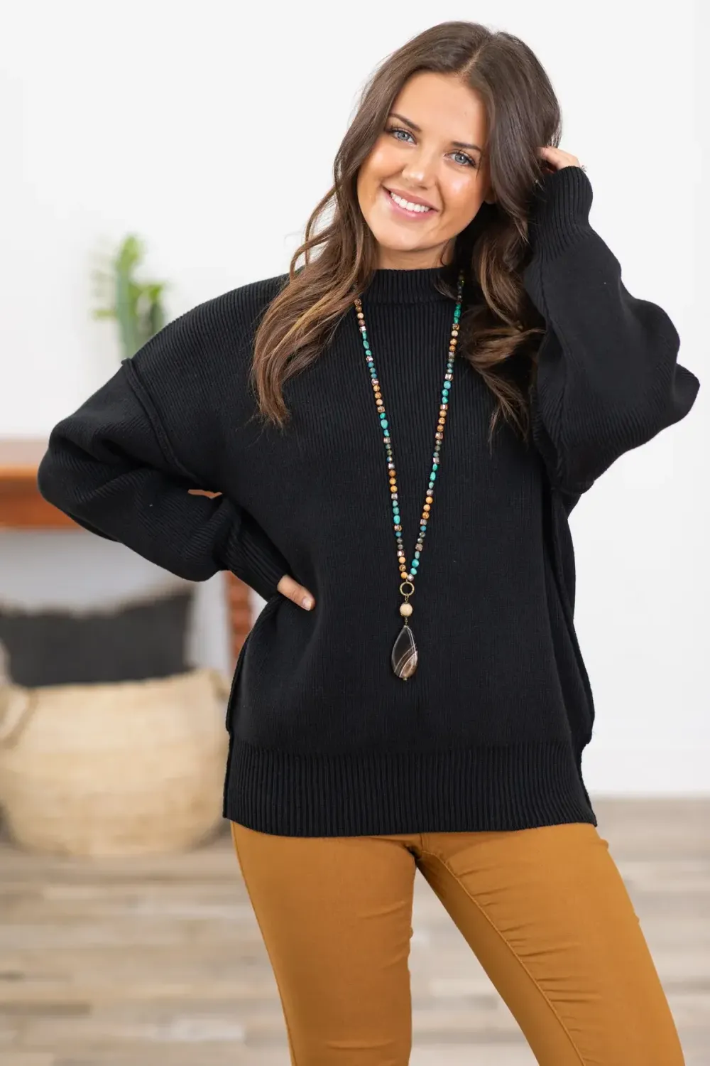 Zenana Drop Shoulder Ribbed Trim Sweater, Size: Sm, Color: Black