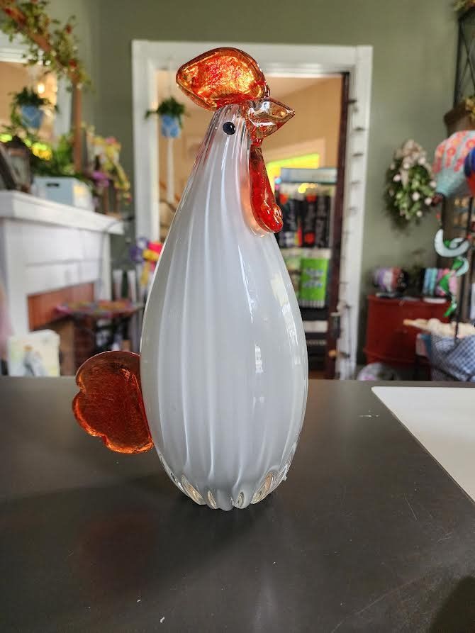 Blown Glass Rooster Sculptures, Options: White Rooster 1