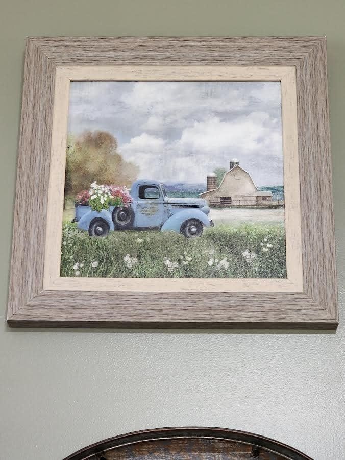 Blue Truck and Barn, 12x12 framed art