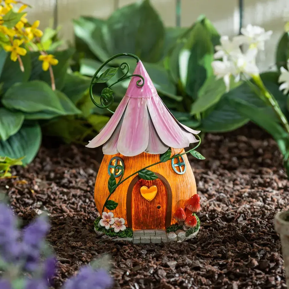10 in. LED Metal Fairy House Garden Statue, Purple Floral Roof
