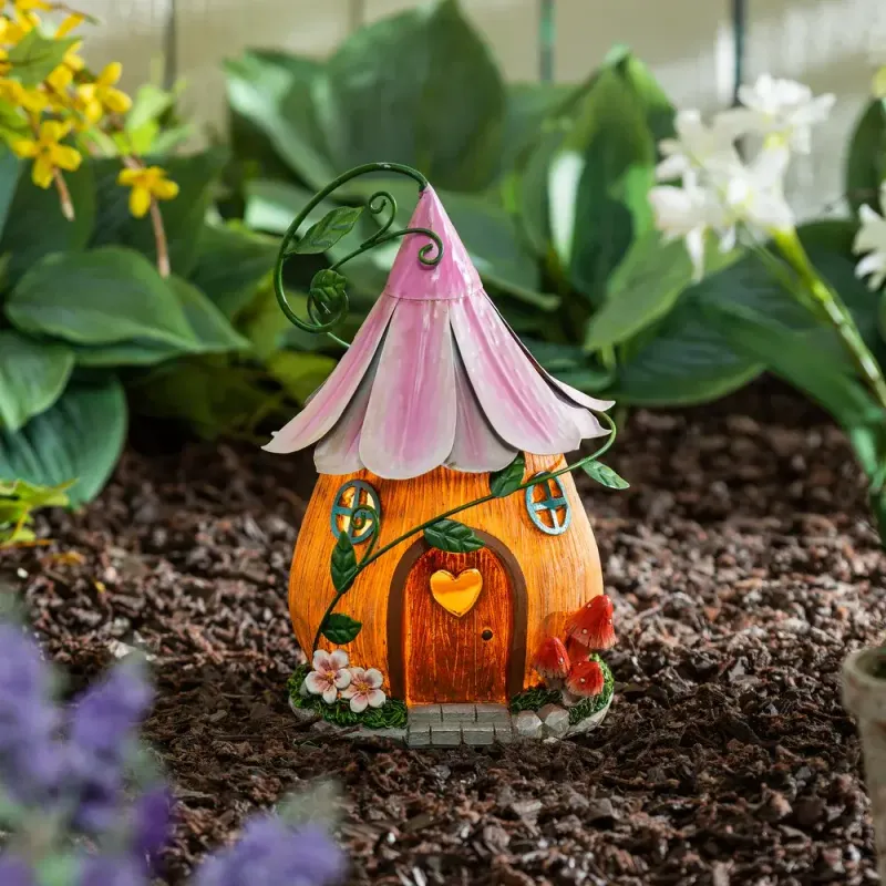 10 in. LED Metal Fairy House Garden Statue, Purple Floral Roof