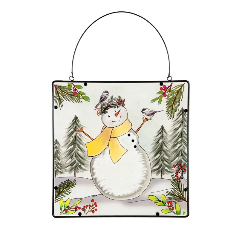 Snowman &amp; Chickadees Hanging Glass Wall Art