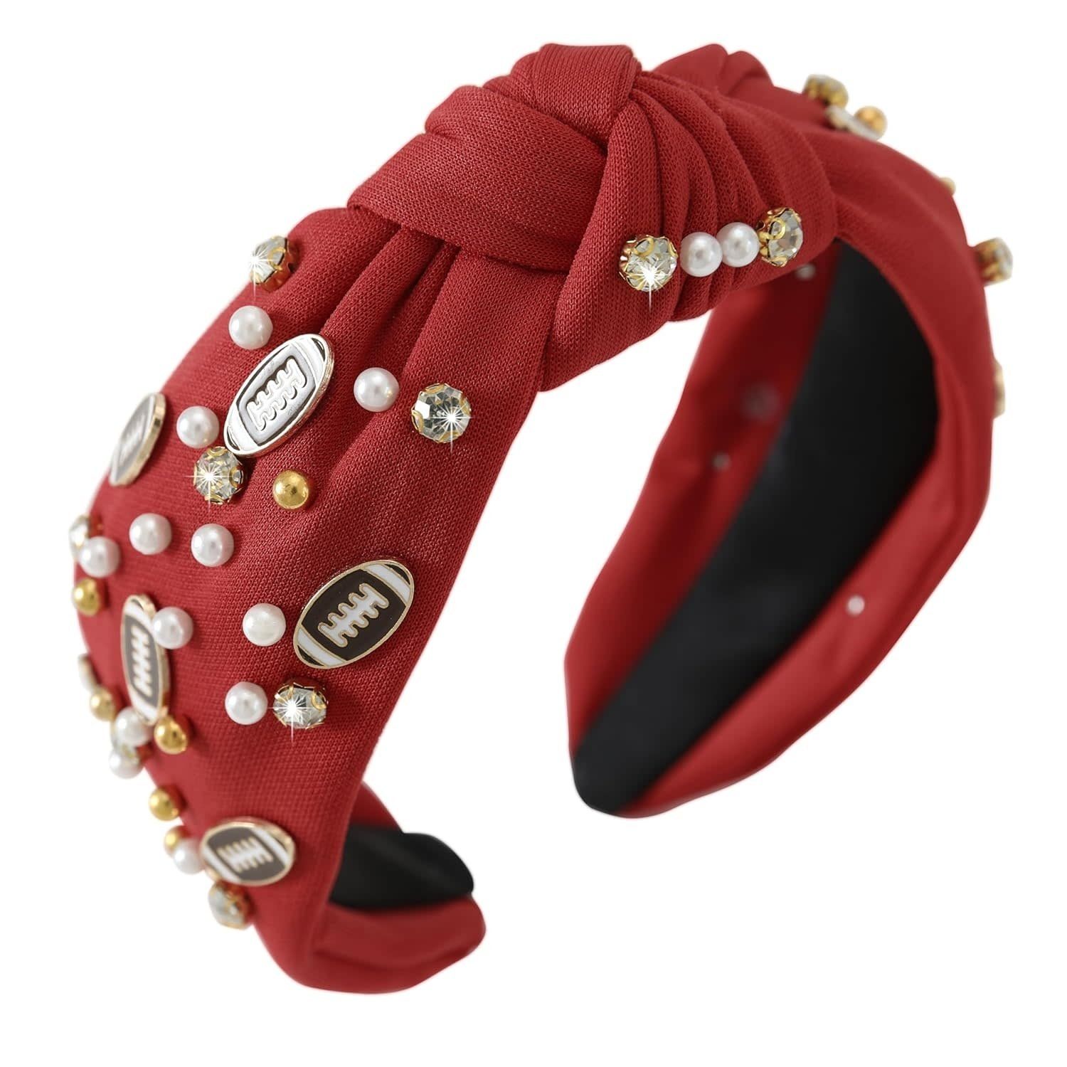Pearl &amp; Football Rhinestone Embellished Topknot headband, Color: Maroon