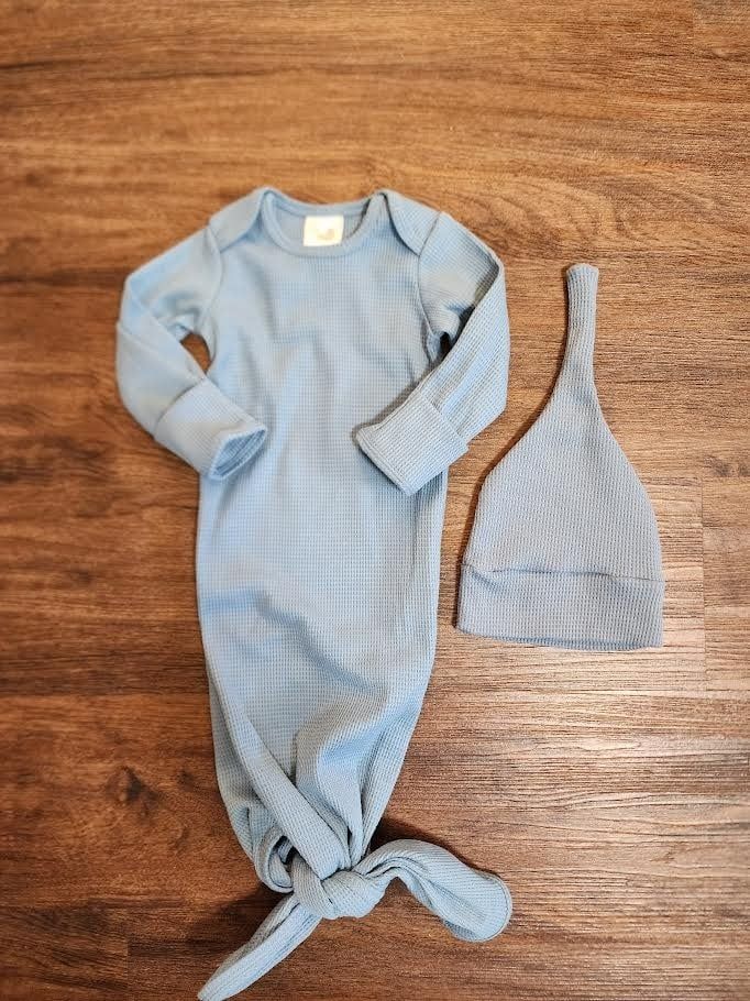 Waffle Knit Knotted Gown w/ Hat, Color: Blue