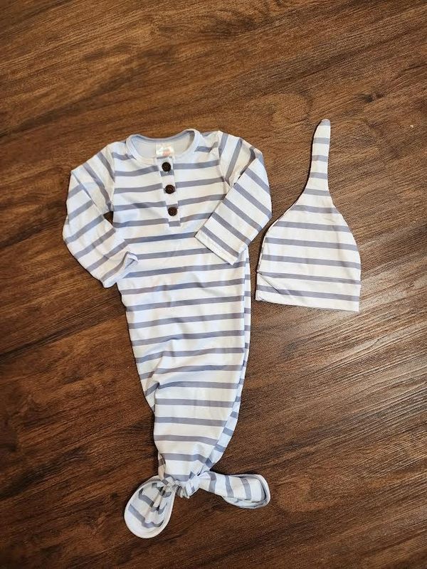 Grey &amp; White Stripe Gown w/ Hat