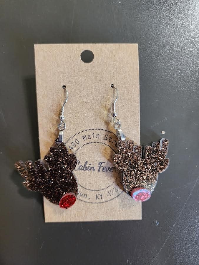 Brown Glitter Reindeer Dangle Earring
