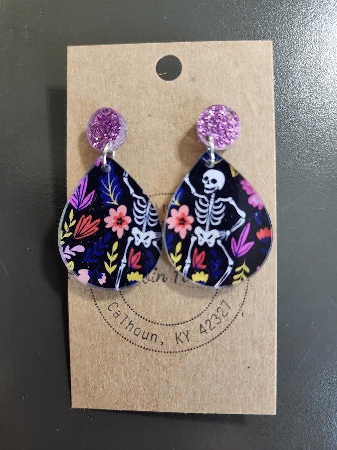 Skeleton &amp; Floral Small Square Dangle Earring