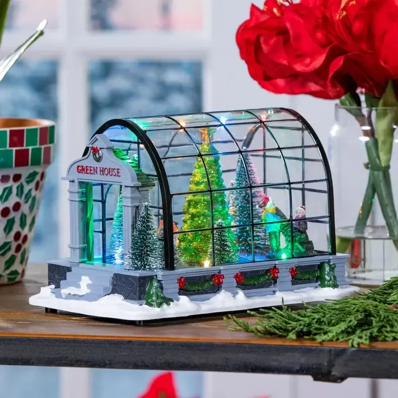 8.75&quot; LED Christmas Greenhouse with Rotating Tree and Music Table Decor